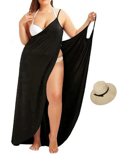 Cover-Ups Women Plus Size Beach Dress Spaghetti Strap Backless V Neck Bikini Cover up Hat - Black - CE18DUKTMR4