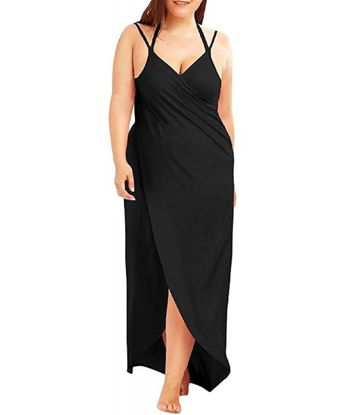 Cover-Ups Women Plus Size Beach Dress Spaghetti Strap Backless V Neck Bikini Cover up Hat - Black - CE18DUKTMR4