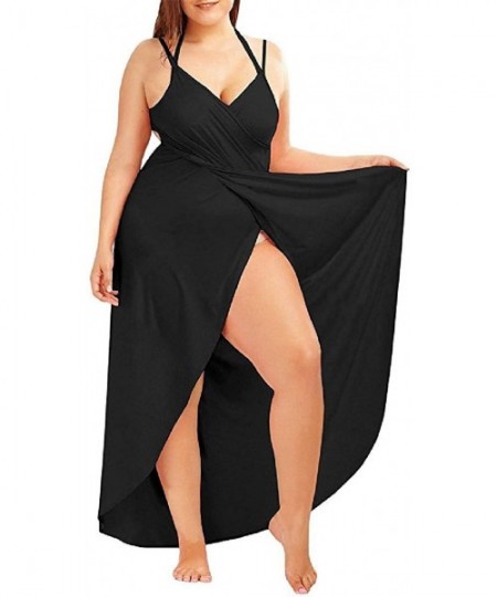 Cover-Ups Women Plus Size Beach Dress Spaghetti Strap Backless V Neck Bikini Cover up Hat - Black - CE18DUKTMR4