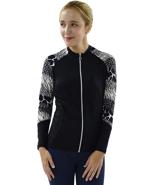 Rash Guards Women Plus Size UPF 50+ Front Zip Up Long Sleeve Top Rash Guard - Black With Anaconda - CK12O35RANC