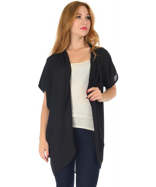 Cover-Ups Women's Sollid Chiffon Mid Length Kimono Cardigan Swimwear Cover Up (Size S - 5X) - Black - C718UOOXNWN