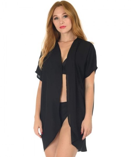 Cover-Ups Women's Sollid Chiffon Mid Length Kimono Cardigan Swimwear Cover Up (Size S - 5X) - Black - C718UOOXNWN