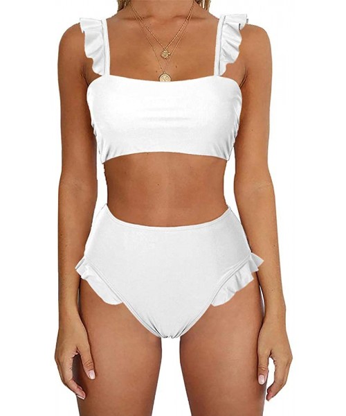 Sets Womens Two Piece Bikini Set Spaghetti Strap Ruffle Bandeau Bathing Suits Swimsuits - White - C4194L7R4R5