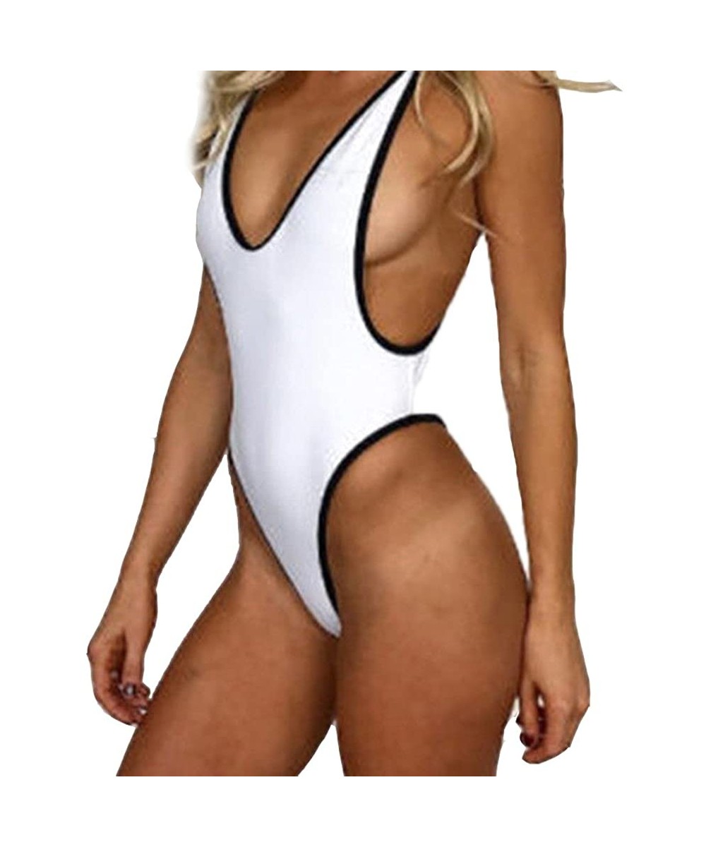 One-Pieces Women's Sexy High Cut One Piece Swimsuit Deep V Cheeky Thong Monokini Backless Swimwear - White - CH1948QDEO3