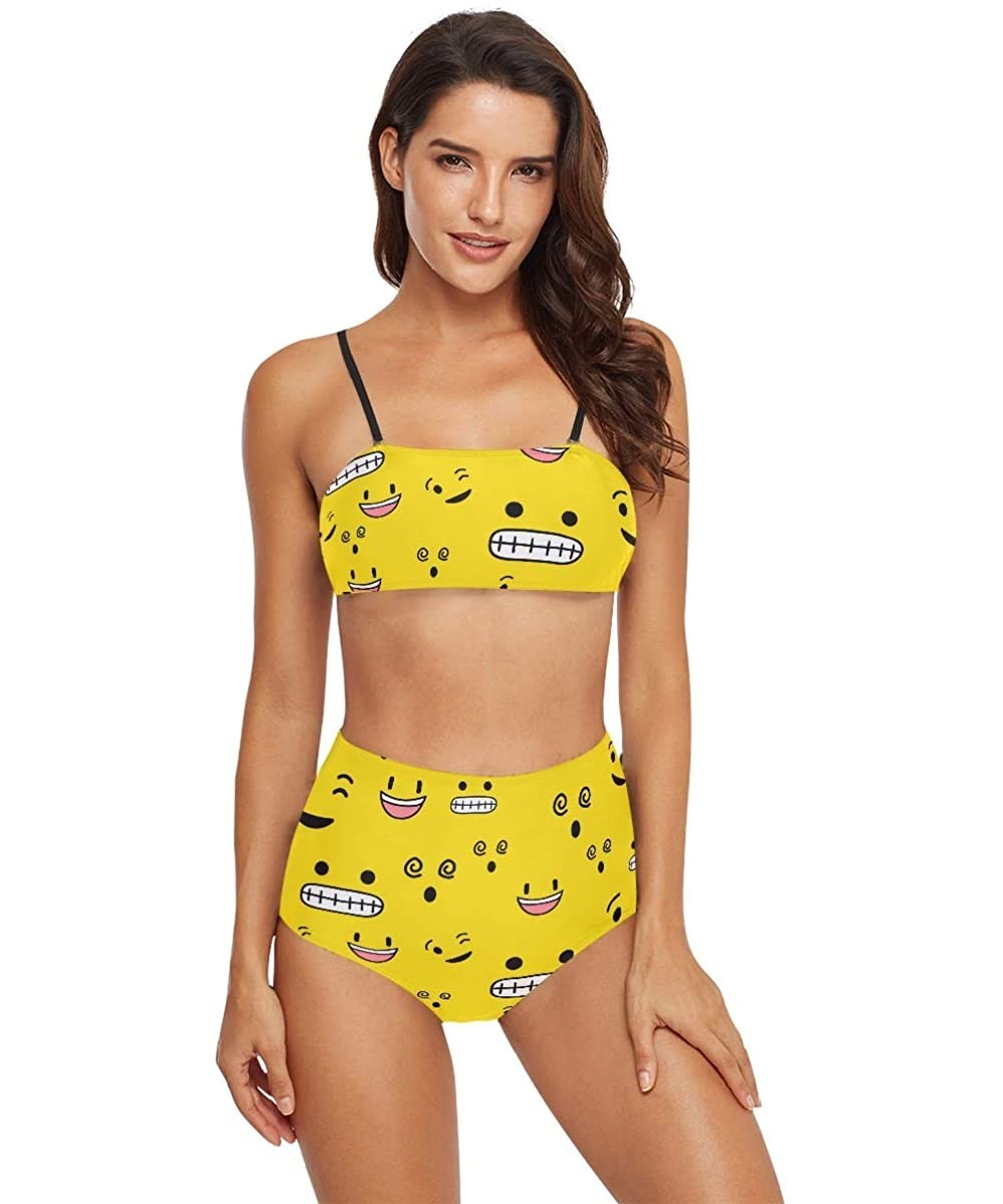 Racing Womens Skull and Bones Black White 2 Piece Swimsuits High Waisted Bathing Suits Bikini Set - Yellow Smiley Face - CP18...