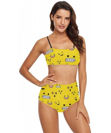 Racing Womens Skull and Bones Black White 2 Piece Swimsuits High Waisted Bathing Suits Bikini Set - Yellow Smiley Face - CP18...