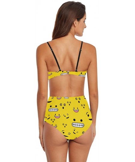 Racing Womens Skull and Bones Black White 2 Piece Swimsuits High Waisted Bathing Suits Bikini Set - Yellow Smiley Face - CP18...