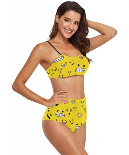 Racing Womens Skull and Bones Black White 2 Piece Swimsuits High Waisted Bathing Suits Bikini Set - Yellow Smiley Face - CP18...