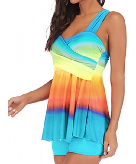 Tankinis Women Summer Color Block 2 Piece Swimdress Swim Tankini Sets Flounced Rainbow Tank Top with Boyshort(M 4XL) Acid Blu...