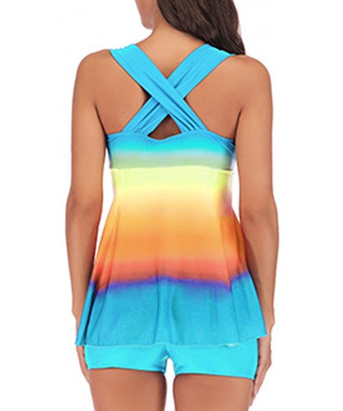 Tankinis Women Summer Color Block 2 Piece Swimdress Swim Tankini Sets Flounced Rainbow Tank Top with Boyshort(M 4XL) Acid Blu...