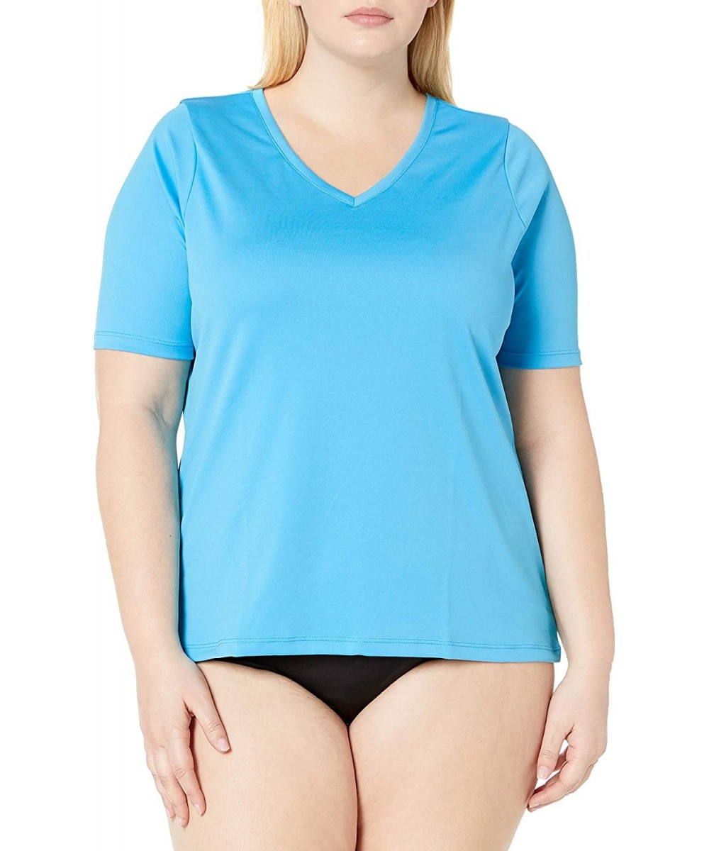 Rash Guards Women's Plus-Size Solid UPF 50+ Swim Shirt Rashguard - Solid Aqua - CK12BXYXERJ