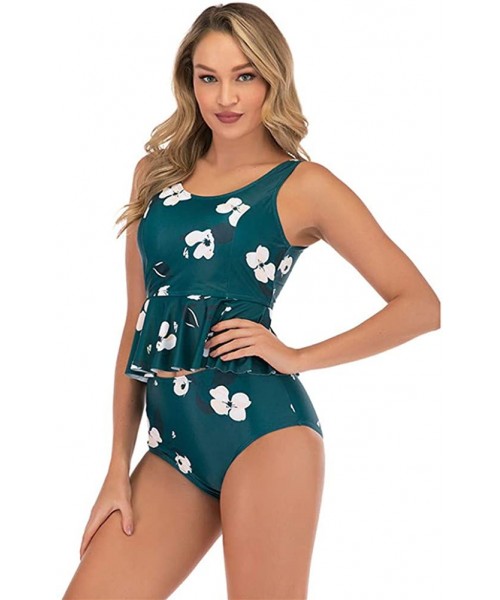 Sets Women's Ruffle Peplum Tankini Set Floral Print Tank Top Swimsuit with Triangle Brief - Green - C118RDN6Z97