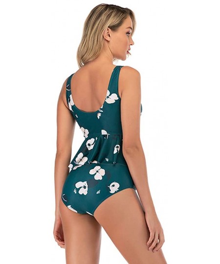 Sets Women's Ruffle Peplum Tankini Set Floral Print Tank Top Swimsuit with Triangle Brief - Green - C118RDN6Z97