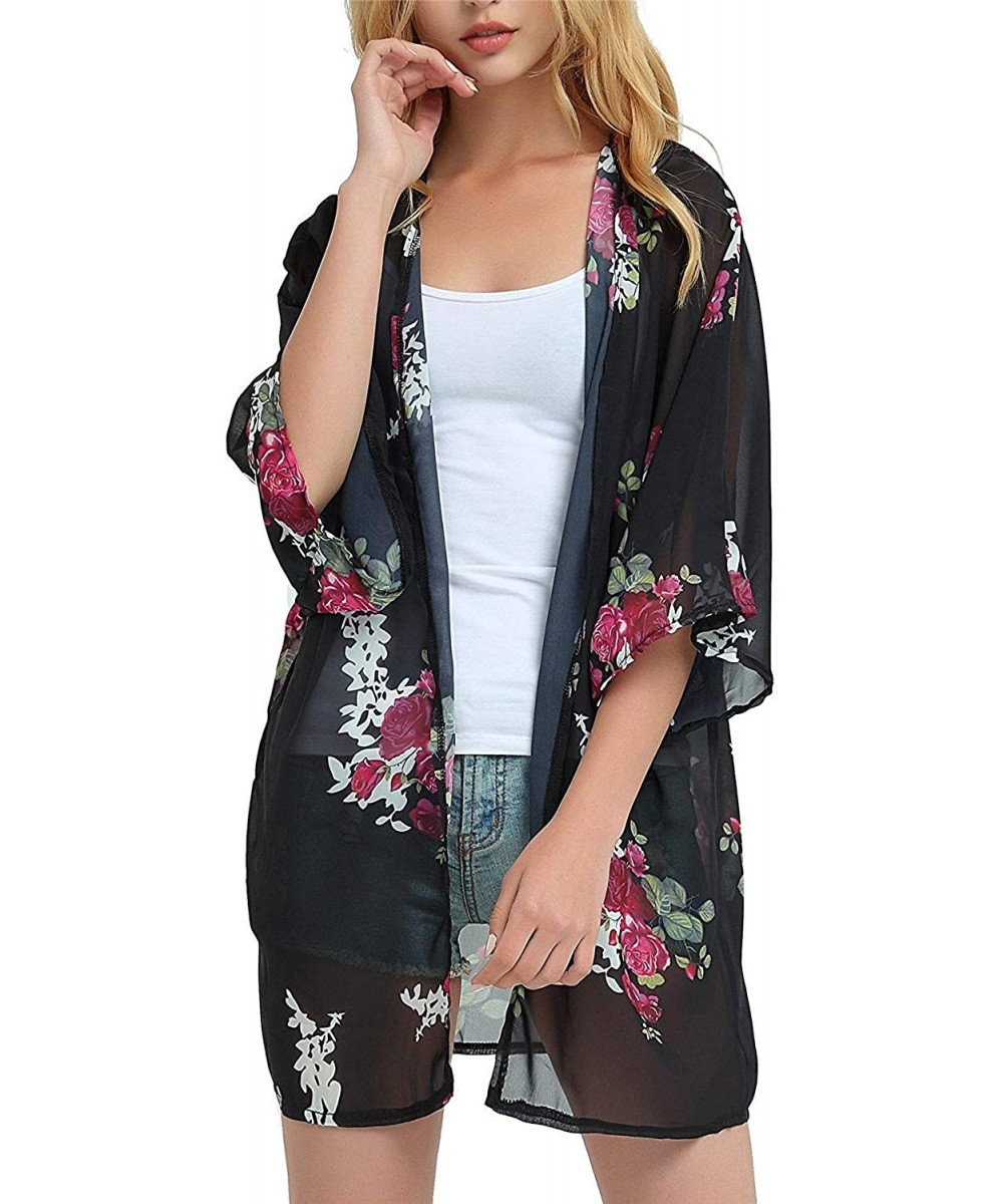 Cover-Ups Women's S 3XL Floral Print Kimono Tops Cover Up Cardigans - Style2 Black Rose - C018OREY7MT