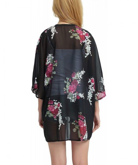 Cover-Ups Women's S 3XL Floral Print Kimono Tops Cover Up Cardigans - Style2 Black Rose - C018OREY7MT