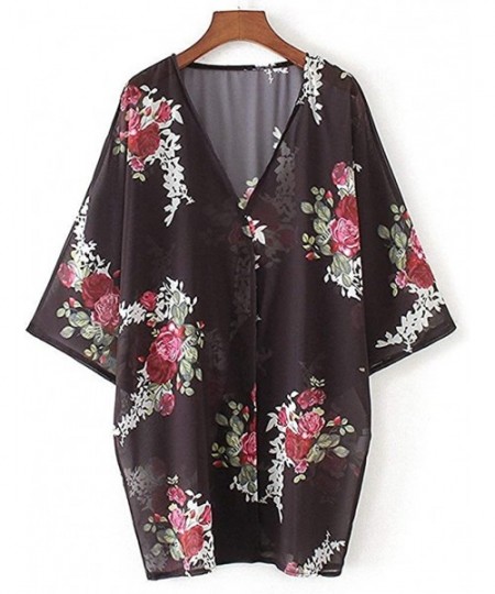 Cover-Ups Women's S 3XL Floral Print Kimono Tops Cover Up Cardigans - Style2 Black Rose - C018OREY7MT