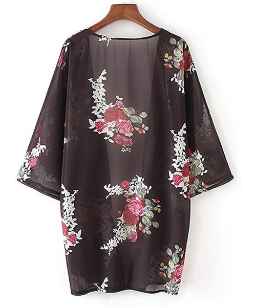 Cover-Ups Women's S 3XL Floral Print Kimono Tops Cover Up Cardigans - Style2 Black Rose - C018OREY7MT