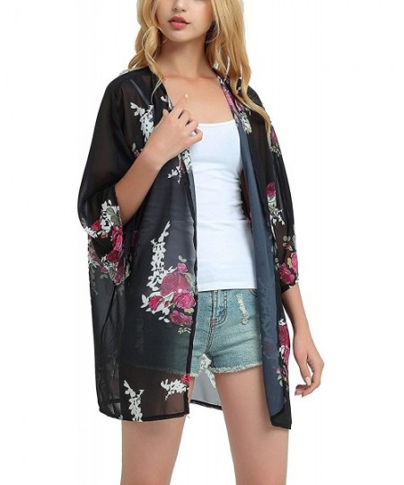 Cover-Ups Women's S 3XL Floral Print Kimono Tops Cover Up Cardigans - Style2 Black Rose - C018OREY7MT