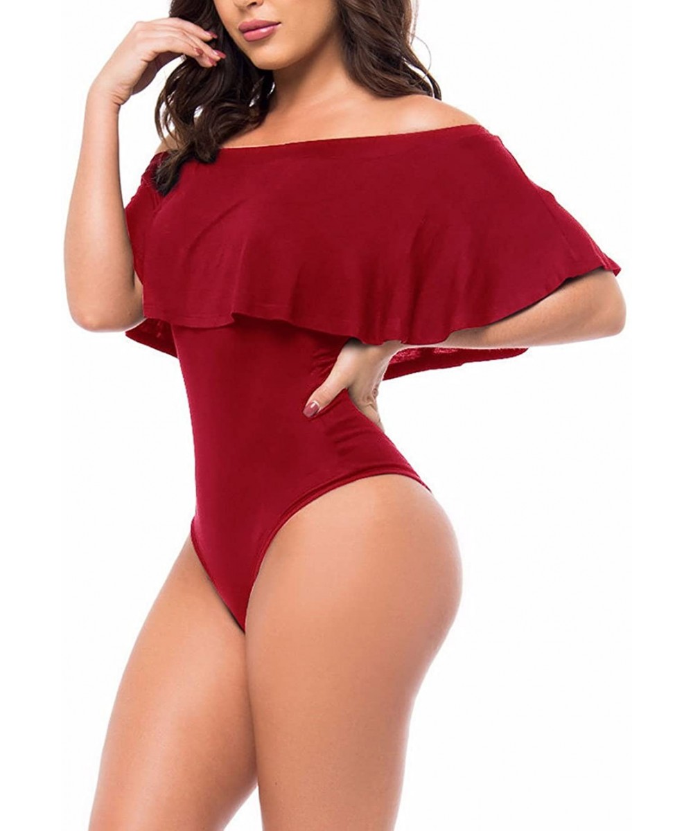 One-Pieces Women's Off Shoulder One Piece Swimsuit Ruffle Bodycon Bodysuit Swimwear - Burgundy - CY182S4KUAY