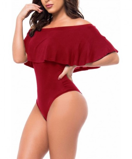 One-Pieces Women's Off Shoulder One Piece Swimsuit Ruffle Bodycon Bodysuit Swimwear - Burgundy - CY182S4KUAY