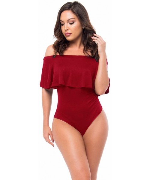 One-Pieces Women's Off Shoulder One Piece Swimsuit Ruffle Bodycon Bodysuit Swimwear - Burgundy - CY182S4KUAY