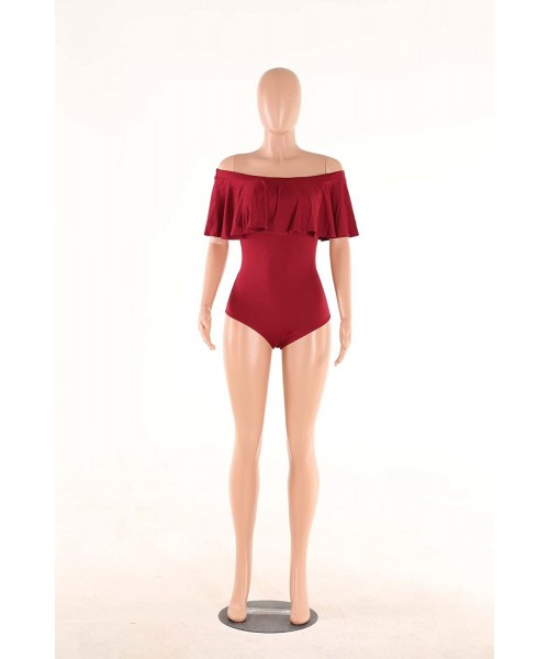 One-Pieces Women's Off Shoulder One Piece Swimsuit Ruffle Bodycon Bodysuit Swimwear - Burgundy - CY182S4KUAY