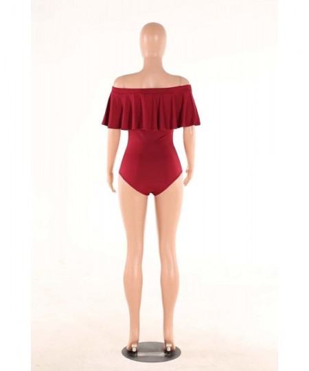 One-Pieces Women's Off Shoulder One Piece Swimsuit Ruffle Bodycon Bodysuit Swimwear - Burgundy - CY182S4KUAY