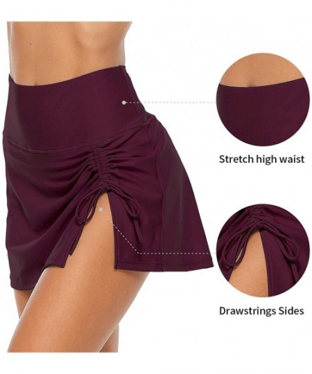 Tankinis Women Swim Skirt Drawstrings Sides Swim Shorts Bathing Suit Skirted Swimsuit Bottom - Wine Red - CC195NHTZ04