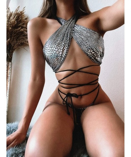 One-Pieces Women's African Print Two Piece Lace up Bikini Set High Cut Thong Swimsuit - Print7 - CA128SKWA11