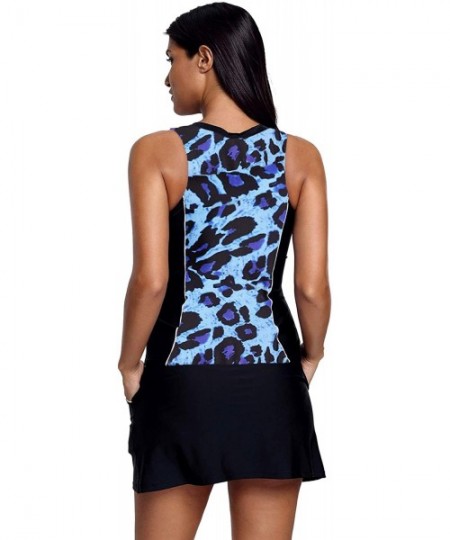 Racing Fuzzy Print Accent Skirtini Tankini Swimsuit Two-Piece Set - Blue - CA190OW4Q6X