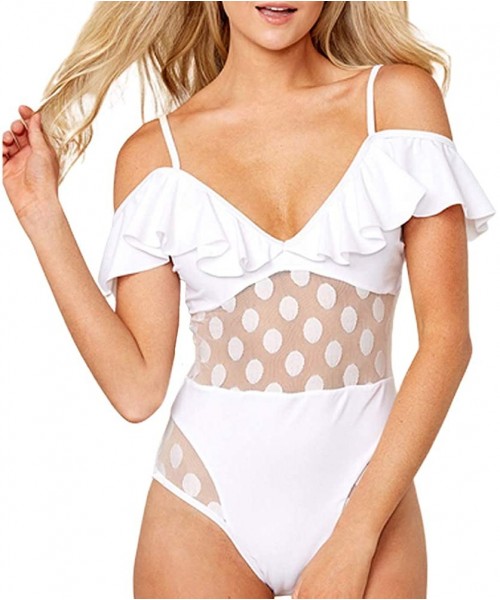 One-Pieces Womens One Piece Swimwear Polka Dot Mesh Patchwork Swimsuits - White - CS18SD2NQ5O