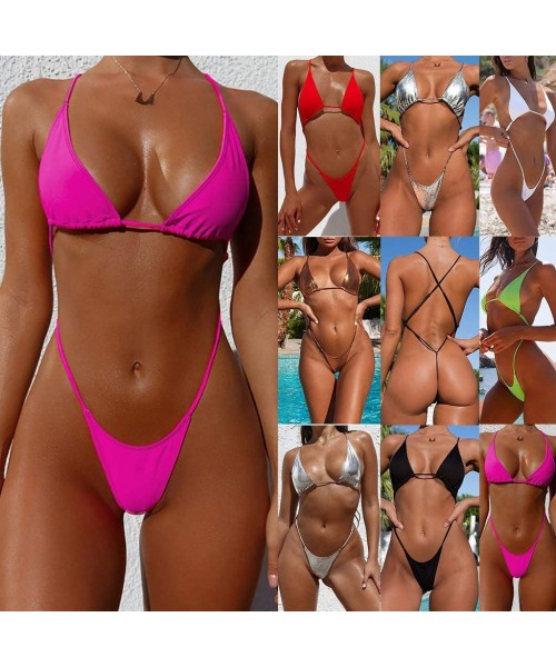 Sets Bikini Swimsuits for Women Two Piece Bandeau Bandage Bathing Suit Retro Push-Up Brazilian Swimwear Triangle Bikini Set -...