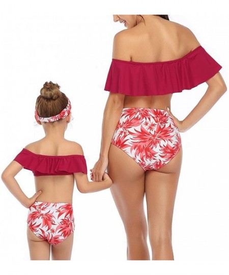 Sets Mother and Daughter Swimwear Family Matching Swimsuit Mamy and Me Two Pieces High Waist Falbala Bikini Sets Red 0339 - C...