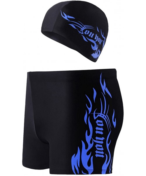 Racing Men's Swimming Square Leg Shorts Fire Printed Swim Trunks Tights with Hat - Blue - CS17Y0UCA4X