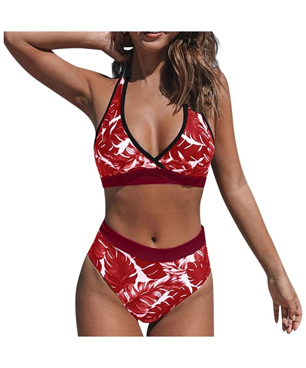 Sets 2 Piece Bikini Set Padded Push Up Bra High Waisted Bottom Leaves Print Beach Bathiing Suit Swimsuit - Red - CN196UNTWN9