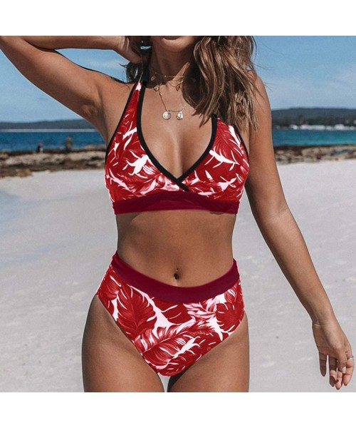 Sets 2 Piece Bikini Set Padded Push Up Bra High Waisted Bottom Leaves Print Beach Bathiing Suit Swimsuit - Red - CN196UNTWN9