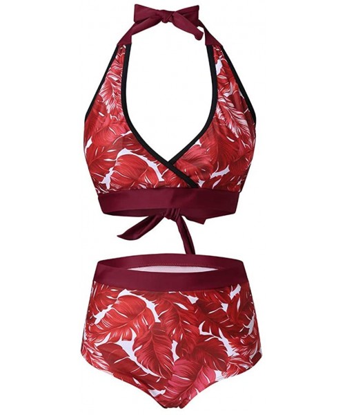 Sets 2 Piece Bikini Set Padded Push Up Bra High Waisted Bottom Leaves Print Beach Bathiing Suit Swimsuit - Red - CN196UNTWN9