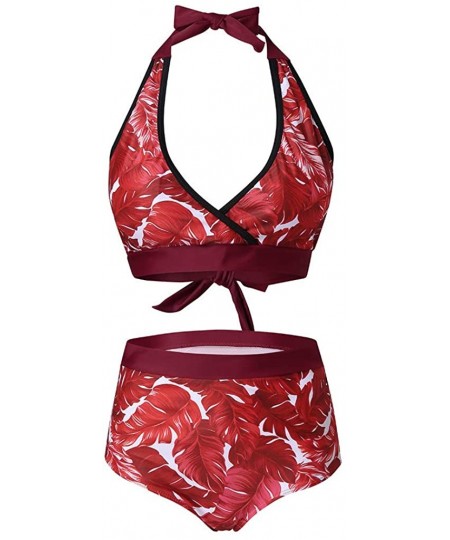 Sets 2 Piece Bikini Set Padded Push Up Bra High Waisted Bottom Leaves Print Beach Bathiing Suit Swimsuit - Red - CN196UNTWN9