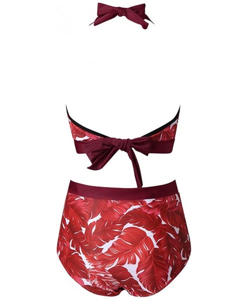 Sets 2 Piece Bikini Set Padded Push Up Bra High Waisted Bottom Leaves Print Beach Bathiing Suit Swimsuit - Red - CN196UNTWN9