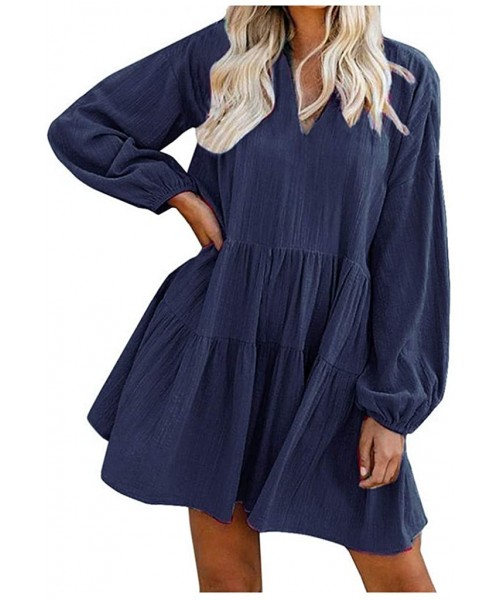 Cover-Ups Womens Dresses for Wedding Guest-Vintage Hollow Maxi Dress Bohemian Long Sleeve Plus Size Loose Dress - Z1-navy - C...