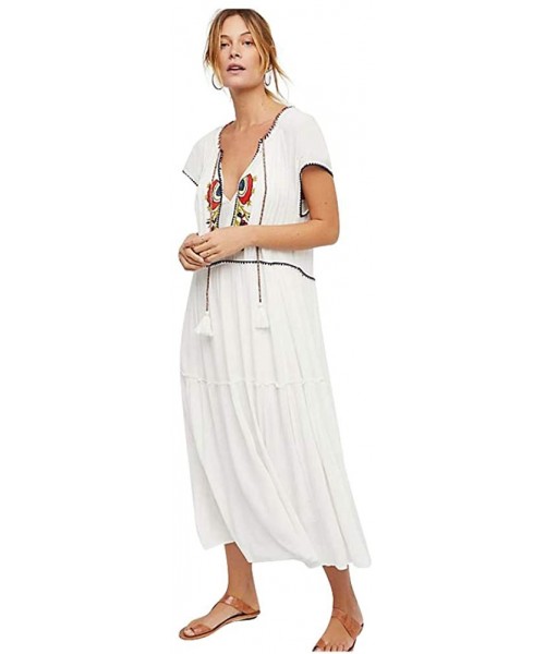 Cover-Ups Women's White Ethnic Print Kaftan Maxi Dress Summer Beach Dress - White-5 - CL18YERW2R8