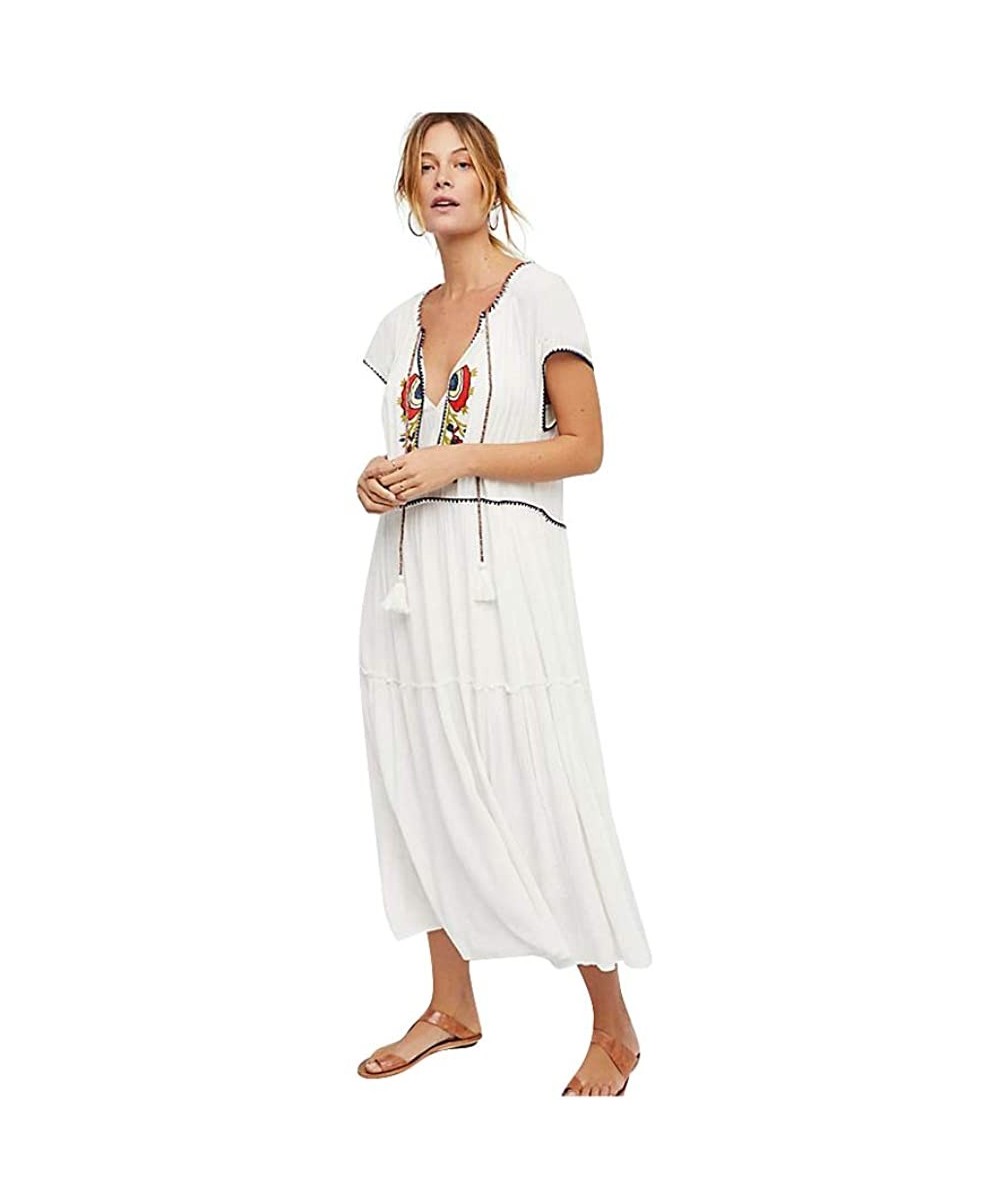 Cover-Ups Women's White Ethnic Print Kaftan Maxi Dress Summer Beach Dress - White-5 - CL18YERW2R8