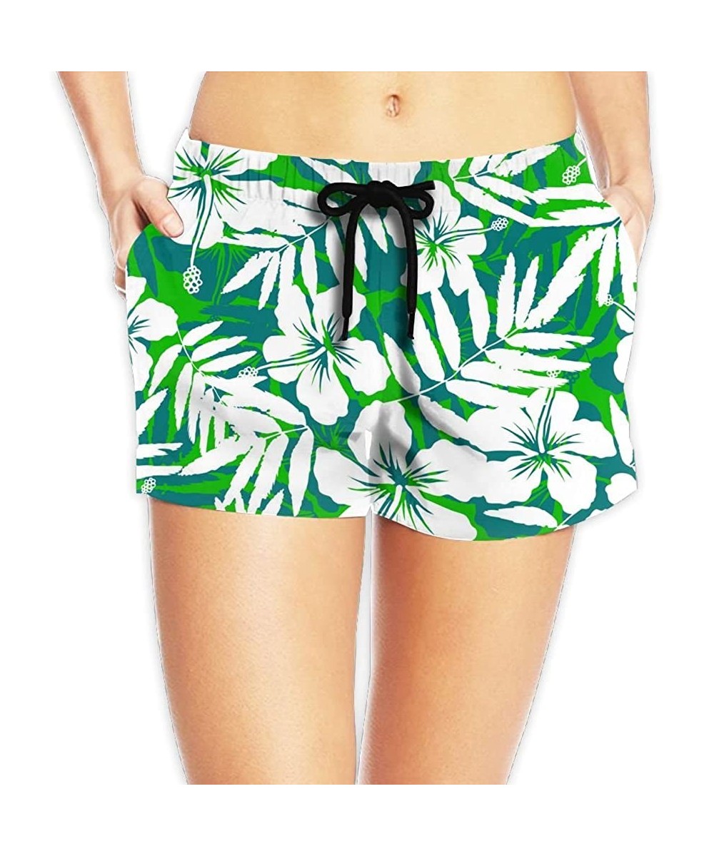 Board Shorts Women's Beach Board Shorts Hawaii Hawaiian Green and White Tropical Flowers Swim Trunks Briefs Swimsuit - Hawaii...