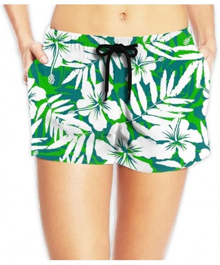 Board Shorts Women's Beach Board Shorts Hawaii Hawaiian Green and White Tropical Flowers Swim Trunks Briefs Swimsuit - Hawaii...