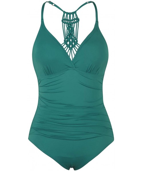 One-Pieces Women's Shirred Halter One Piece Swimsuits Macrame Back Swimwear Tummy Control Bathing Suit - Deep Emerald - CL193...