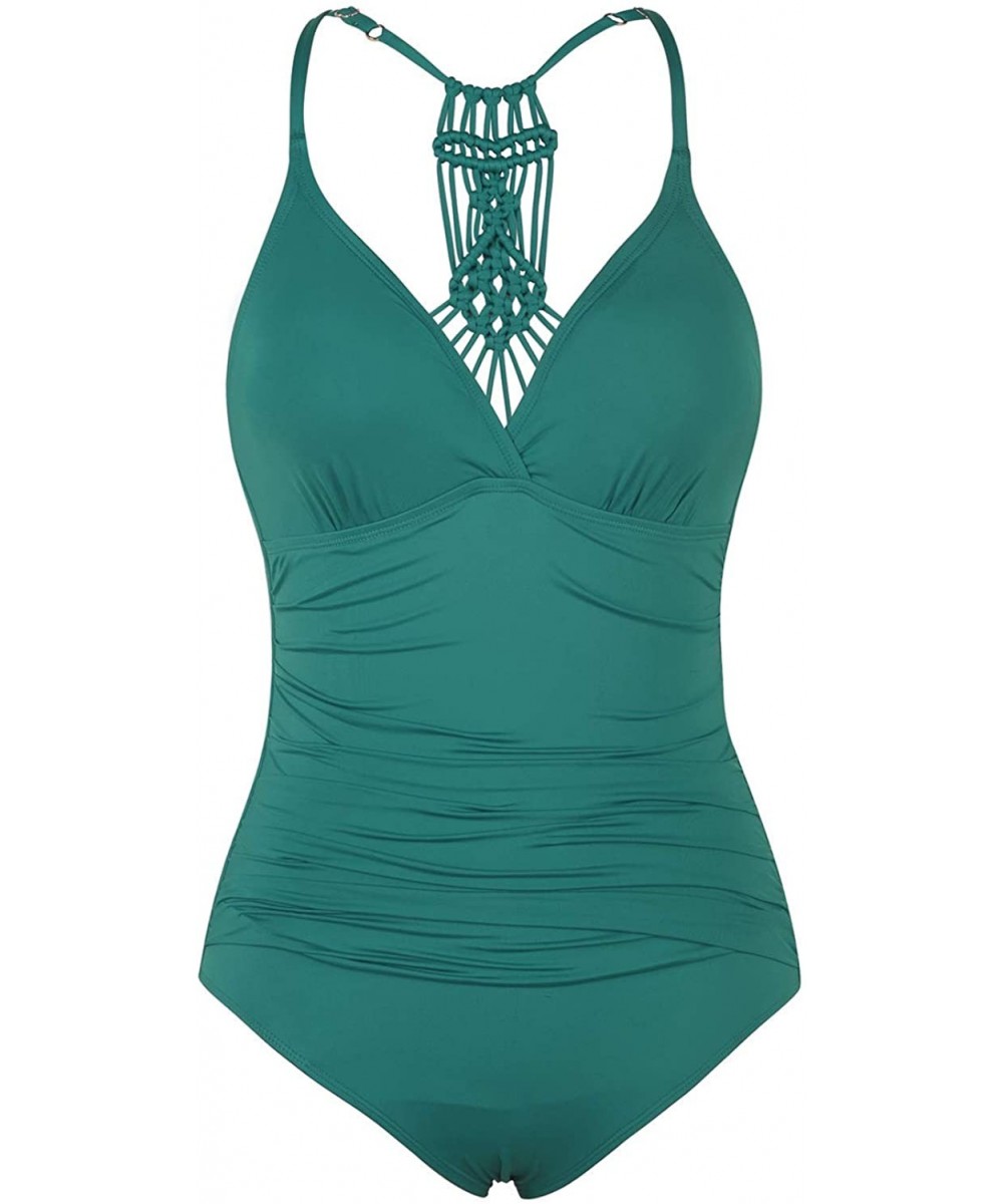 One-Pieces Women's Shirred Halter One Piece Swimsuits Macrame Back Swimwear Tummy Control Bathing Suit - Deep Emerald - CL193...