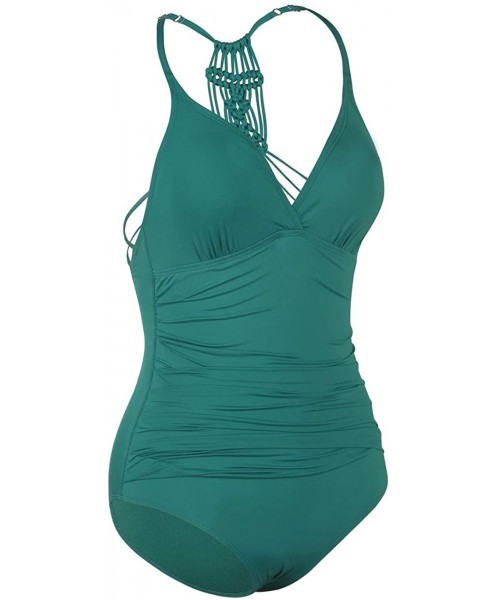 One-Pieces Women's Shirred Halter One Piece Swimsuits Macrame Back Swimwear Tummy Control Bathing Suit - Deep Emerald - CL193...