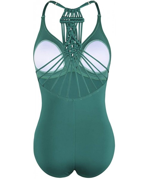 One-Pieces Women's Shirred Halter One Piece Swimsuits Macrame Back Swimwear Tummy Control Bathing Suit - Deep Emerald - CL193...