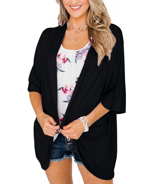 Cover-Ups Women Solid Color Open Front Cardigan Casual Batwing Sleeve Loose Kimono Blouse Tops - 3- Black - CP18XKT883H