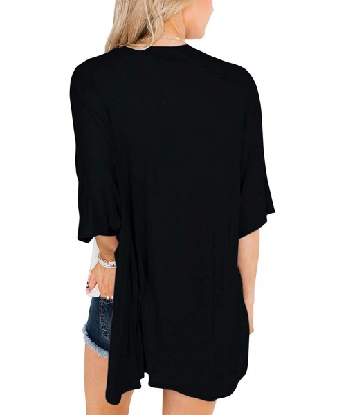 Cover-Ups Women Solid Color Open Front Cardigan Casual Batwing Sleeve Loose Kimono Blouse Tops - 3- Black - CP18XKT883H